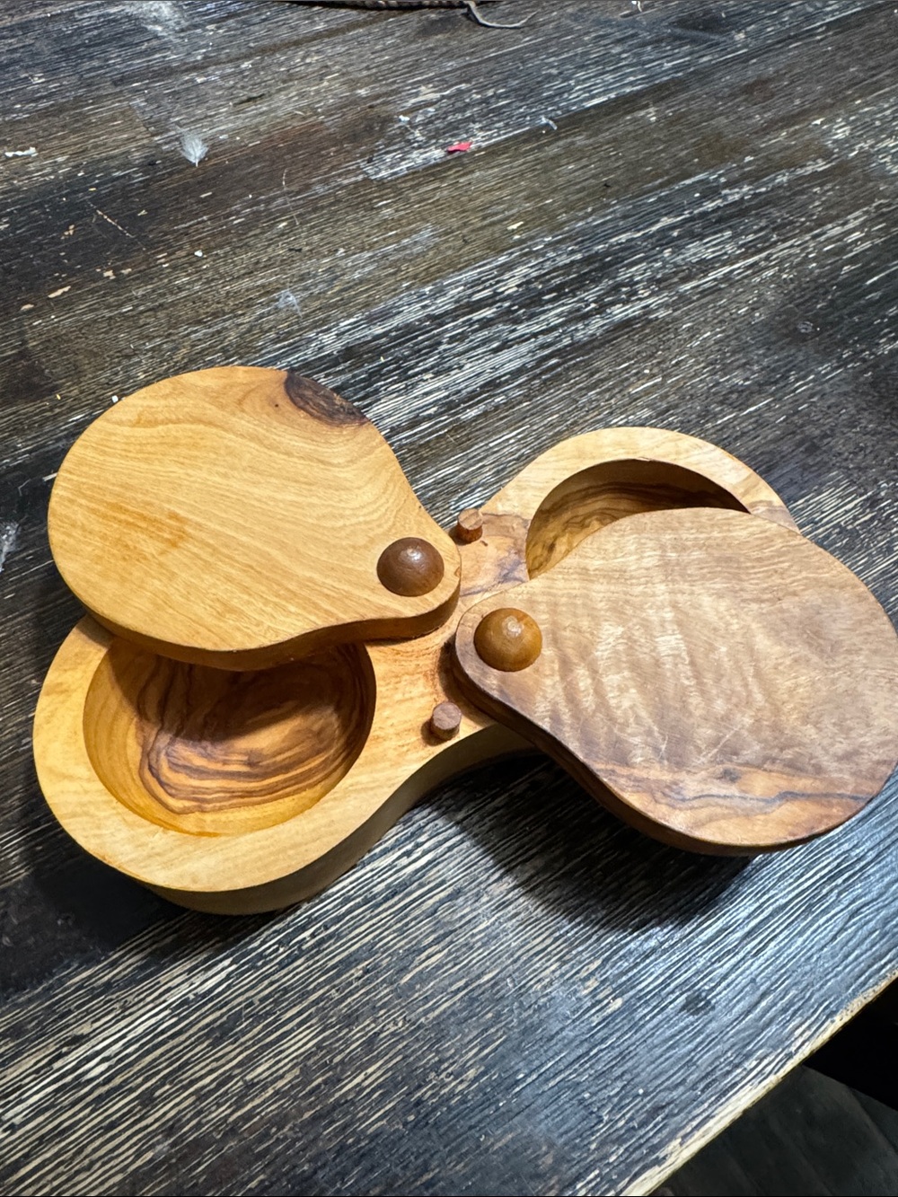 Handcrafted Wooden Double Lidded Serving Bowl - Natural Wood